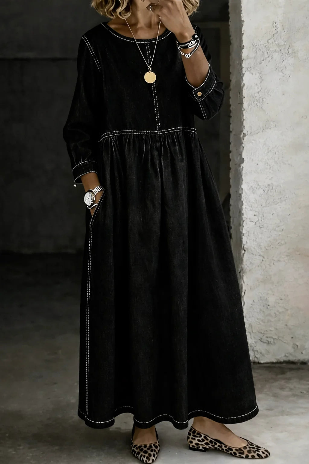 Melissa | Round Neck Long Sleeve Denim Dress